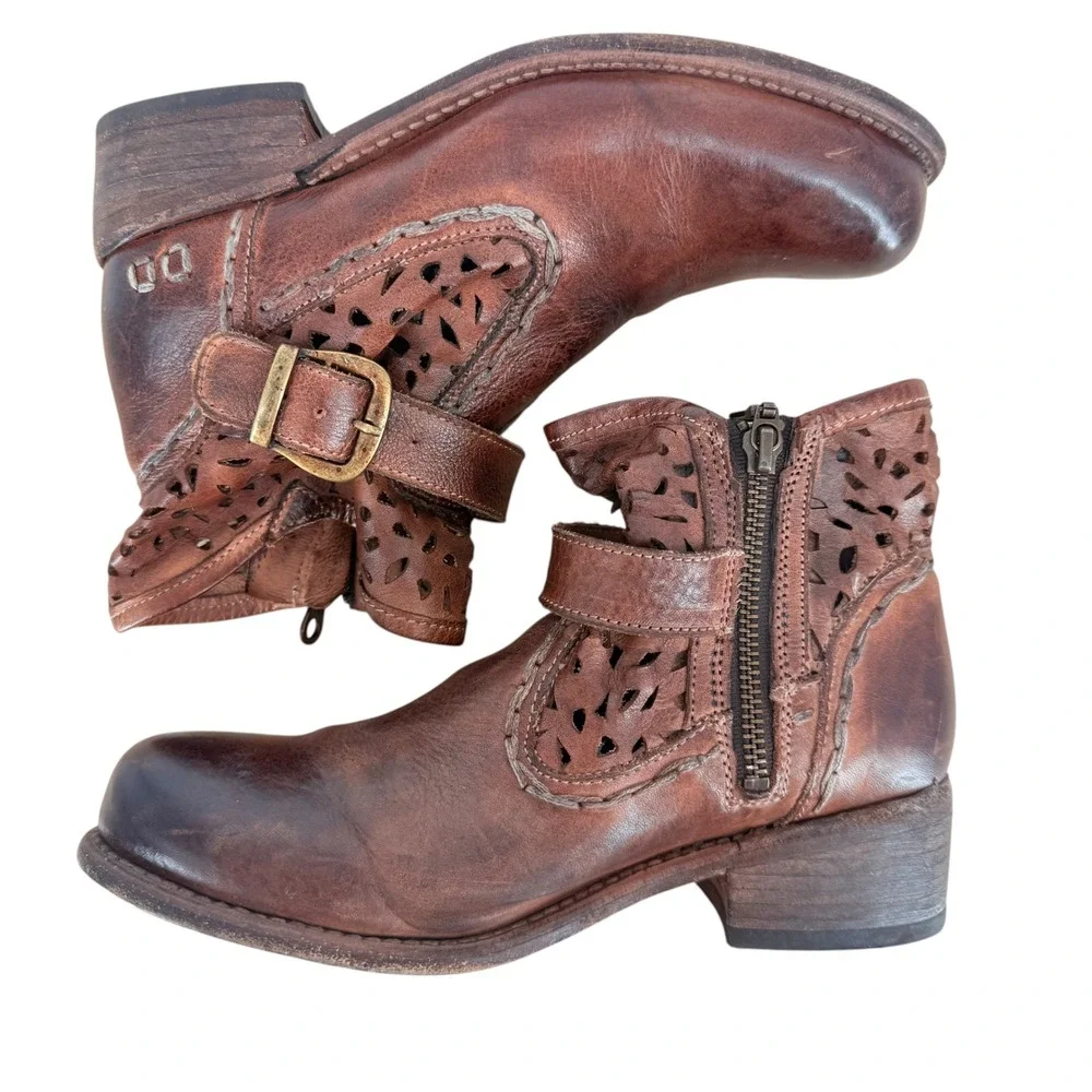 Bed Stu Heather Women 7.5 Brown Leather Perforated Ankle Boots Buckle Bootie